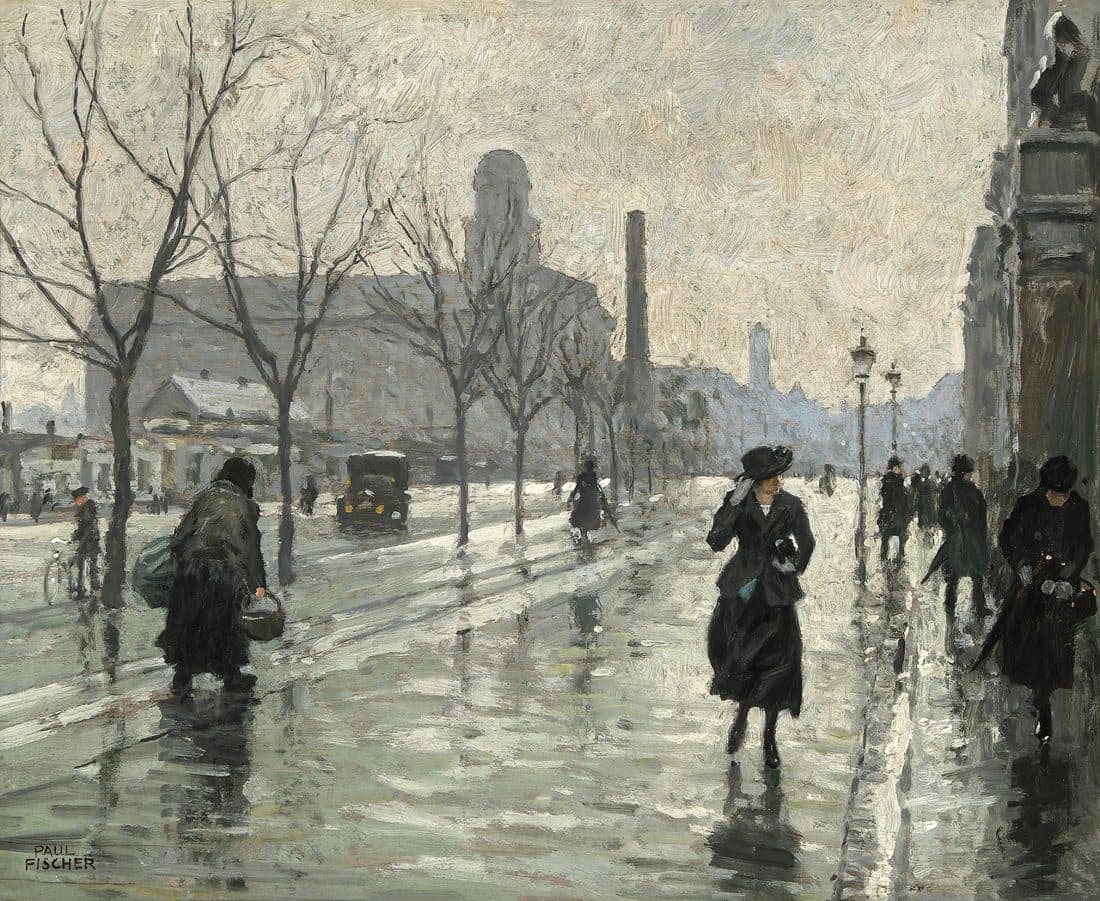 Paul Fischer, Vesterbrogade un jour de pluie : un cycliste, une automobile aux phares allumés, des passantes pressées sur le pavé mouillé de Copenhague.