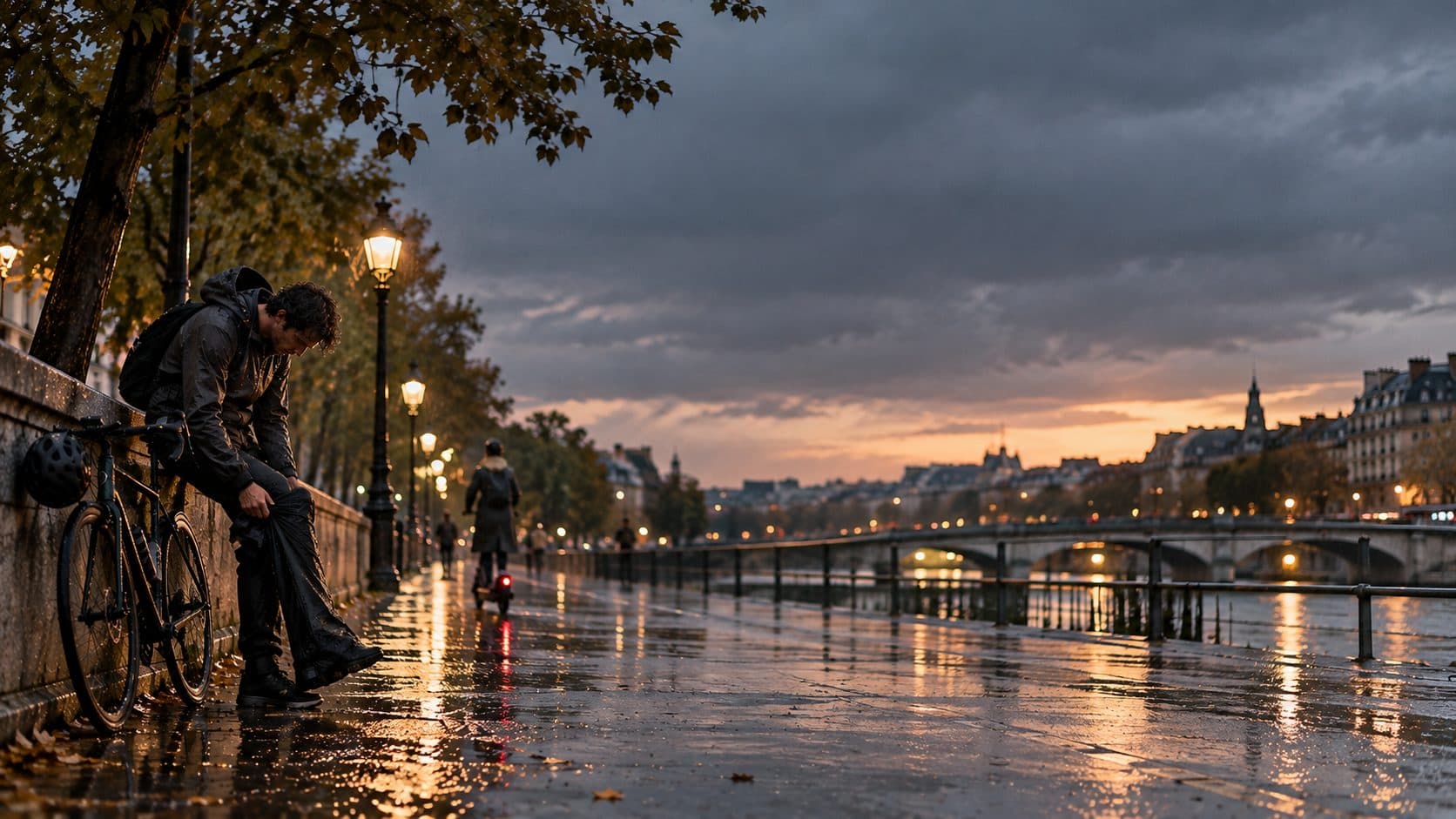 Un soir de pluie sur les quais de Seine : un cycliste enfile son pantalon de pluie contre le parapet, une trottinette s'éloigne sur le pavé mouillé, les réverbères s'allument.