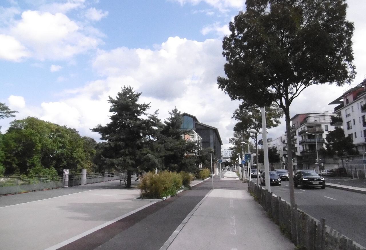 Quai de la Bataille-de-Stalingrad à Issy-les-Moulineaux : une piste cyclable rouge longe la Seine à gauche, séparée de la chaussée par un trottoir planté d'arbres et de massifs.