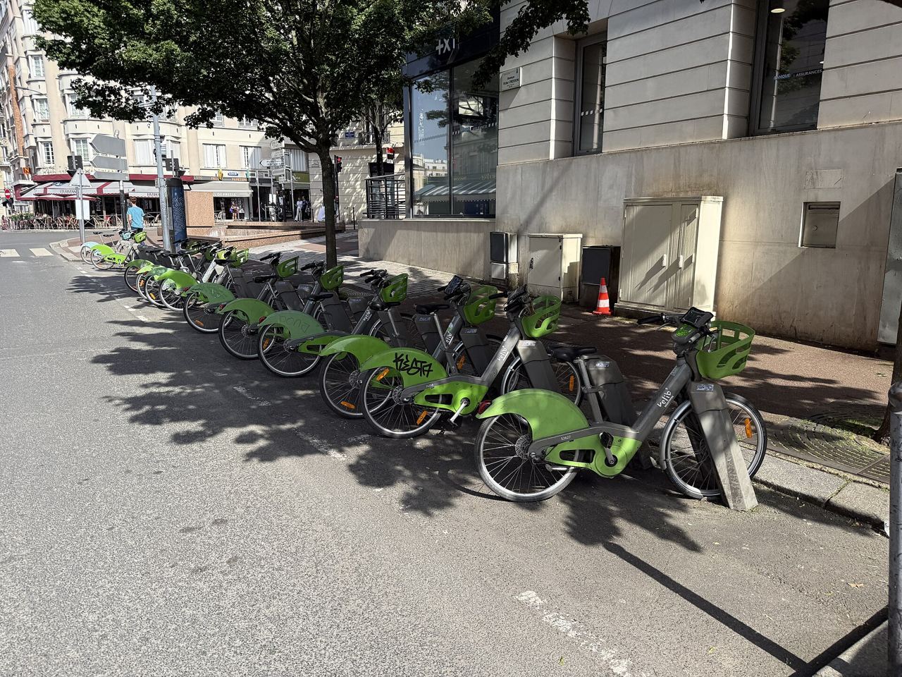 Station Vélib' Mairie d'Issy, avenue Victor-Cresson : une longue file de vélos verts garés le long du trottoir, à l'ombre d'un arbre, avec des terrasses de café en arrière-plan.