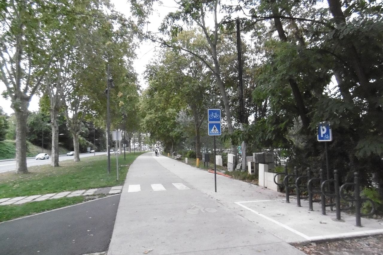 Bord de Seine à Issy-les-Moulineaux en direction de Meudon : une large piste cyclable séparée file sous les platanes, avec un panneau vélo, un passage piéton et des arceaux de stationnement.